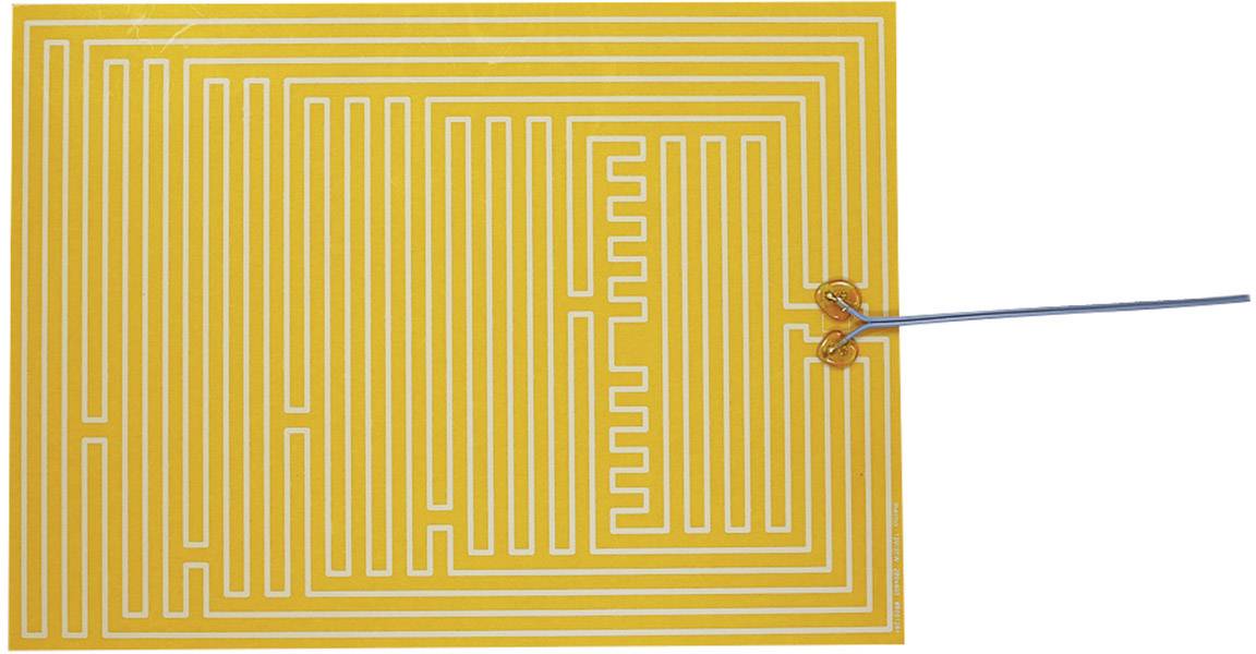 In the image, a yellow heating pad with white, spiral-shaped conductors is shown, representing a flexible heating solution.