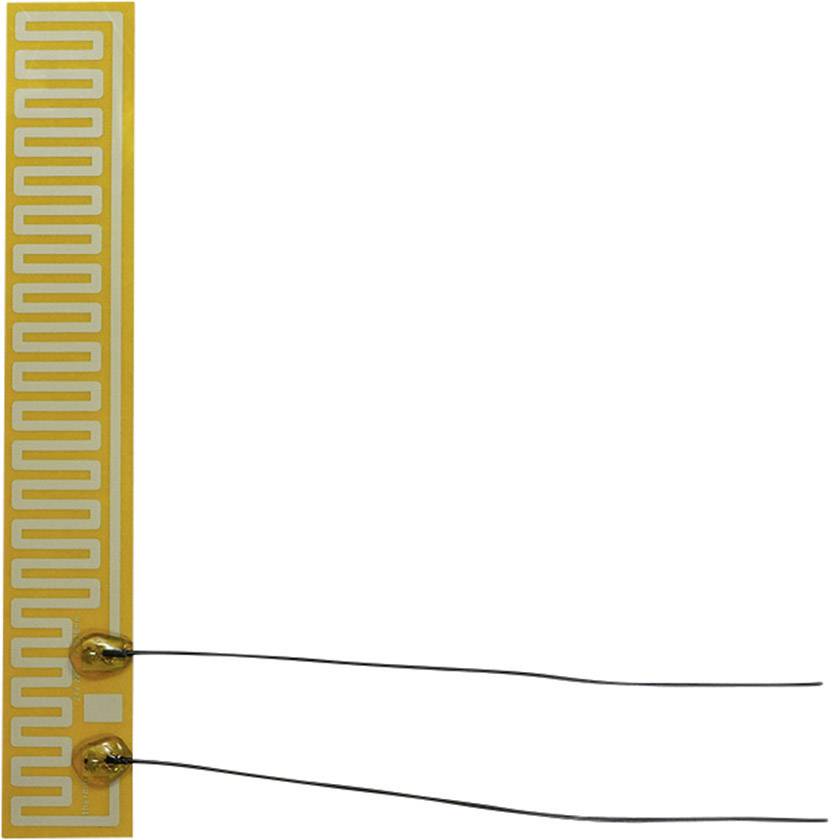 A flexible heating module with a rectangular pattern and two protruding cables for electrical connection.
