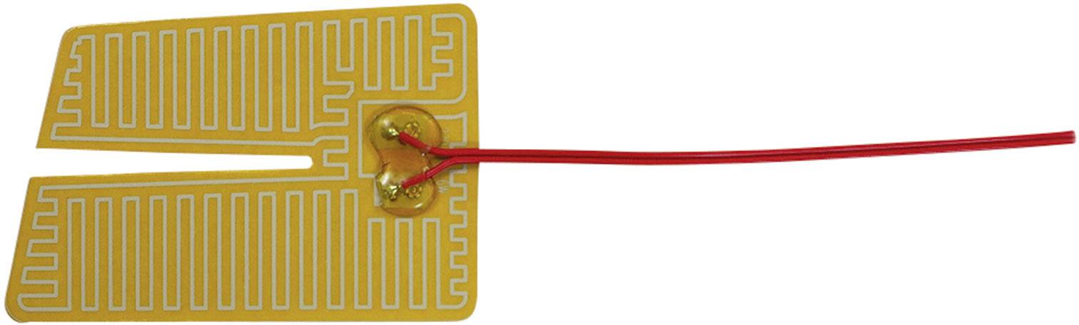 A yellow moisture sensor with red wires for detecting liquid levels, suitable for electronic applications.
