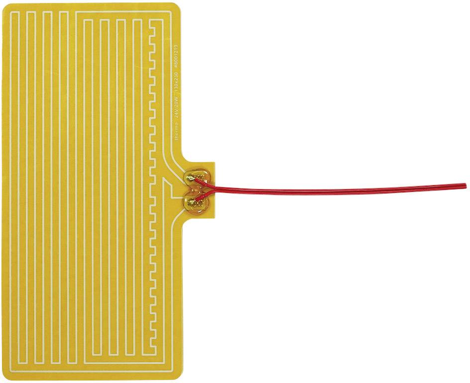 Heizelement aus flexiblem, gelbem Material mit roten Drähten zum Anschluss. Geeignet für Anwendungen, die gleichmäßige Wärme benötigen.