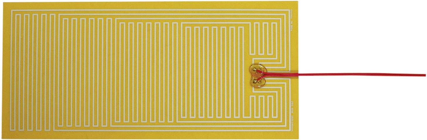 Flat, orange heating film with white, intertwined heating conductors and a red connection cable, which is used for temperature control.