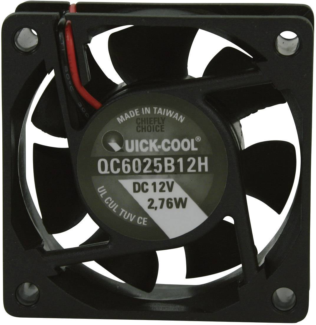 A black fan with a label 'Quick-Cool QC6025B12H', power rating 12V, 2.76W. The product is 'Made in Taiwan'.