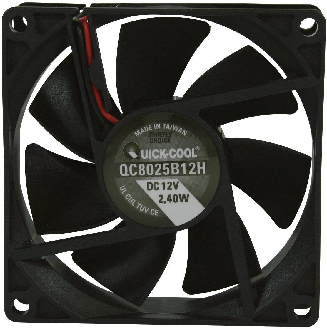 Black computer fan with six rotor blades, model 'UC8025B12H', DC 12V, 2.40 W. Text 'Made in Taiwan' on the hub.