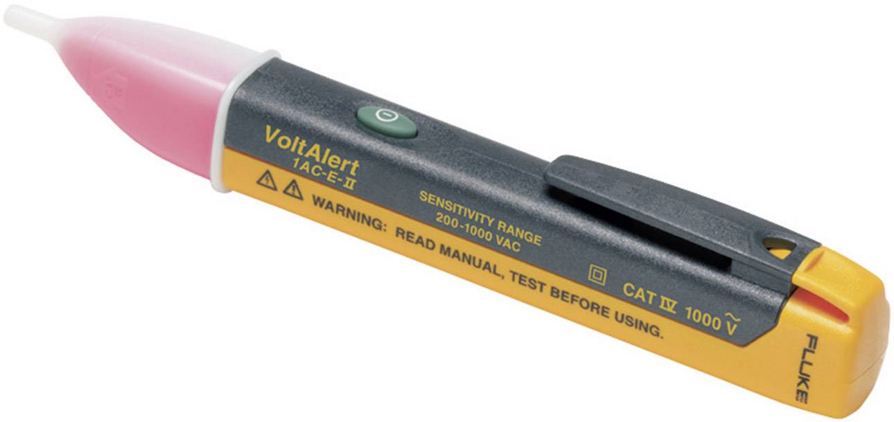 A non-contact voltage tester in pen form with warning instructions for safe use and voltage indications from 200 to 1000 V AC.