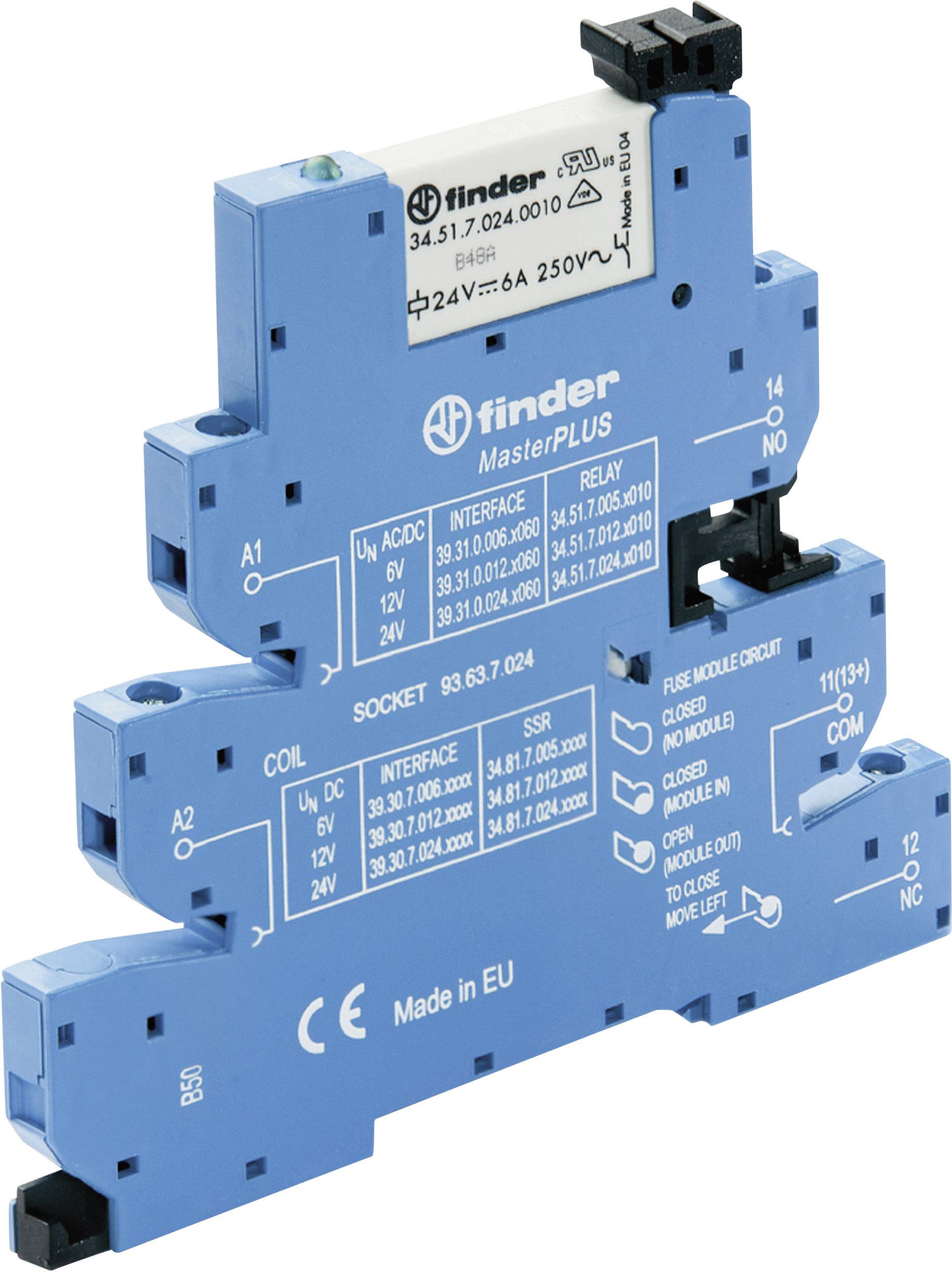 Blue, rectangular plug-in relay with electrical specifications and manufacturer details printed on it.