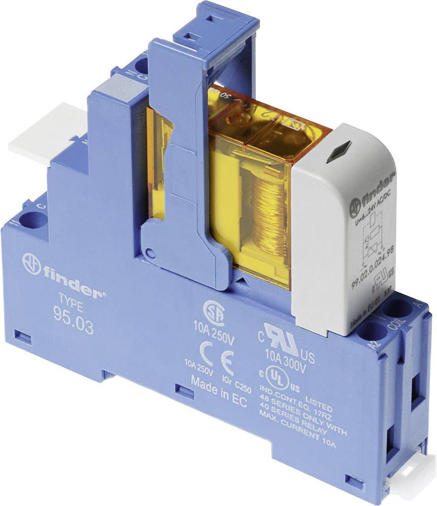A blue, electric relay with transparent and white components, with product information printed on it.