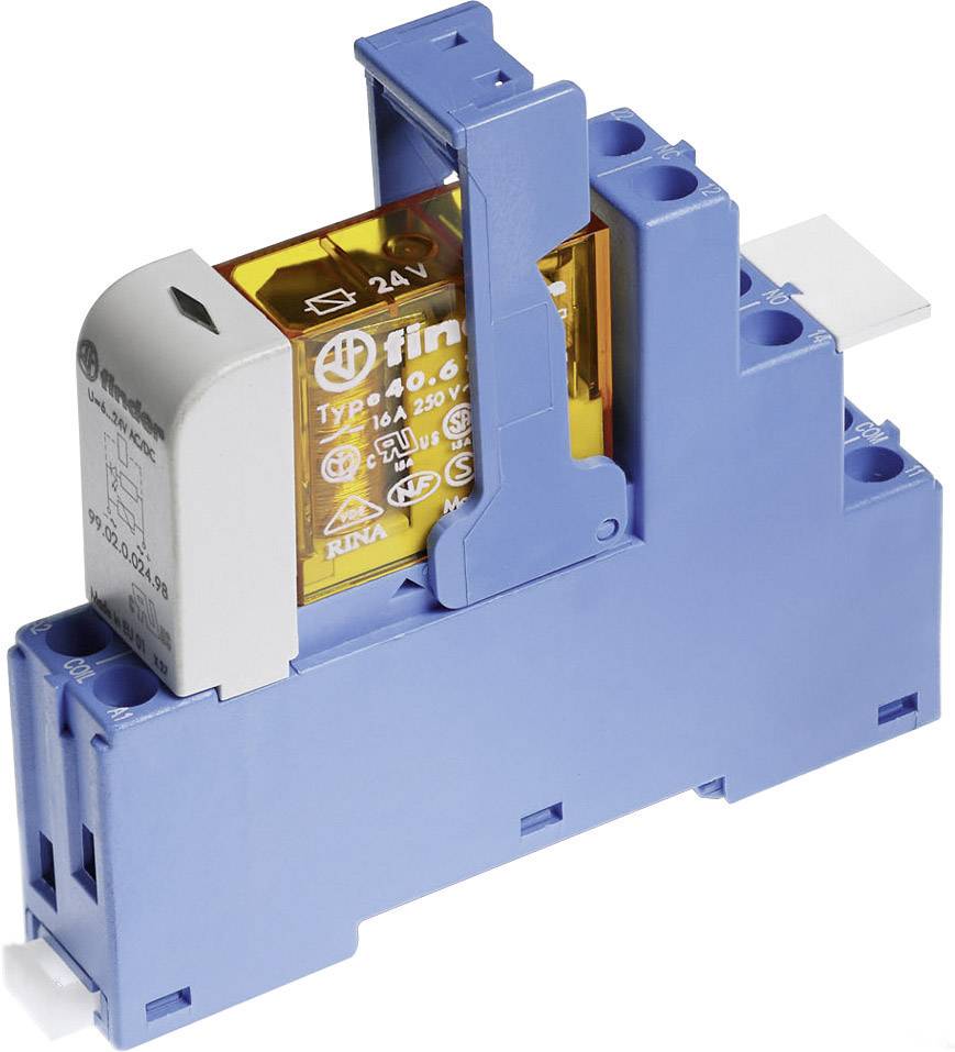 Electromechanical relay in a blue housing, 16A type, 24V, by Finder. Used for controlling electrical circuits.