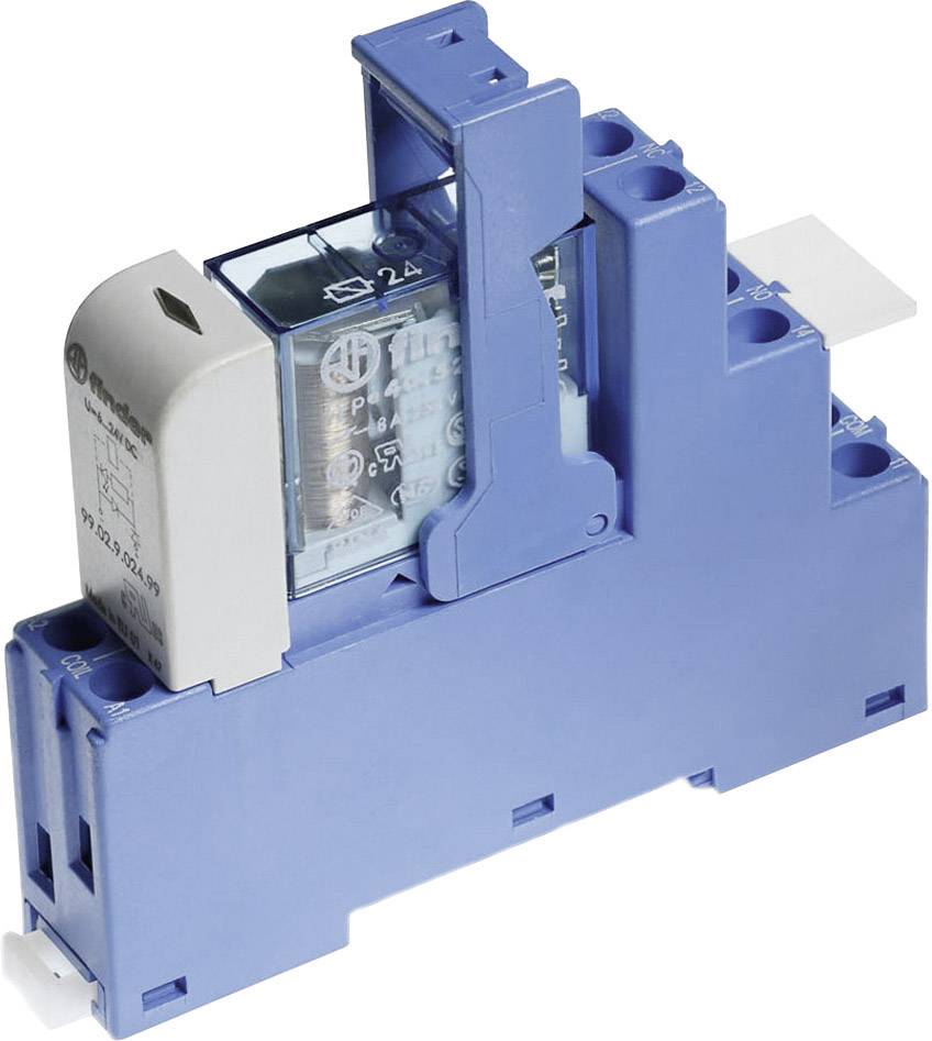 A blue relay module with multiple slots and a transparent housing section reveals its internal electronics.
