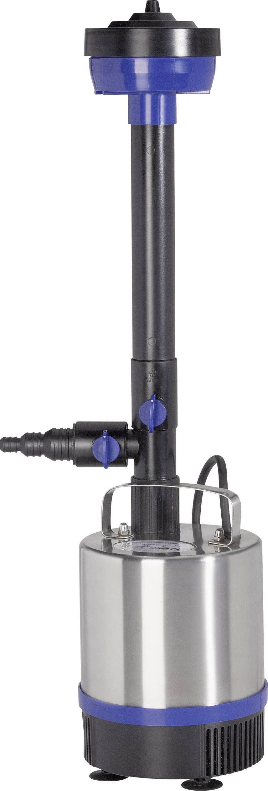 A stainless steel submersible pump with blue accents and plastic pipes. It features a handle and is suitable for water applications.