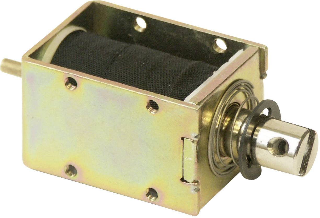 A small, rectangular electromagnet with a movable shaft and metal casing, commonly used in devices for controlling mechanical movements.