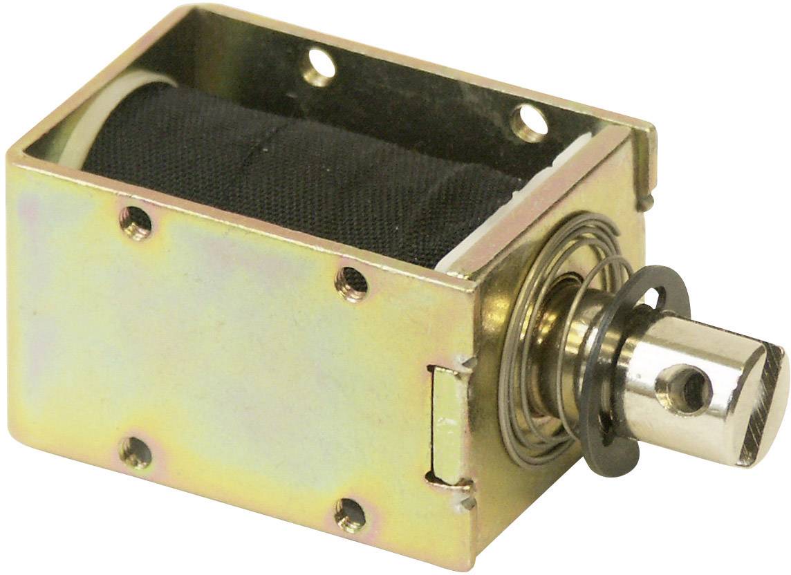 An electric pivoting electromagnet in a metallic housing with a movable plunger. Typical for applications in machine controls.