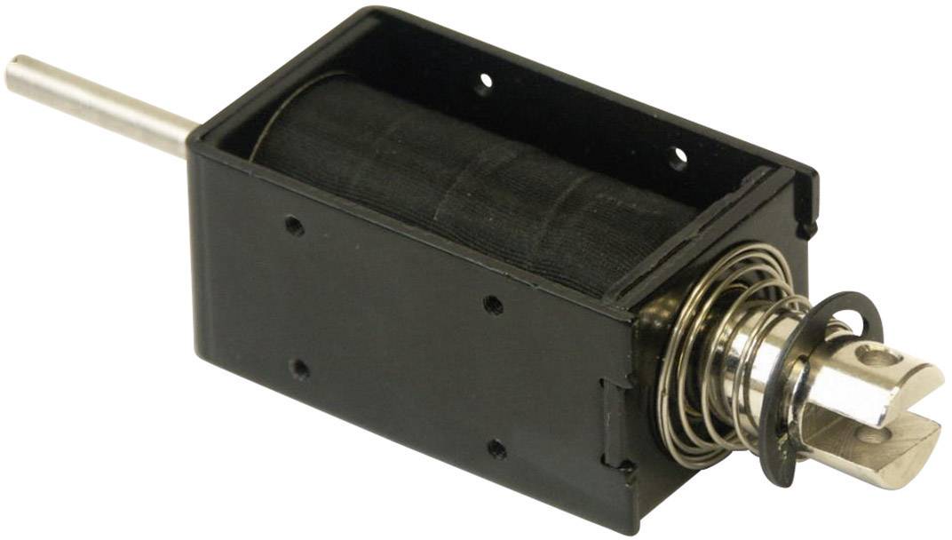 A small black electric magnet with a spring mechanism and an extendable metal rod is shown.