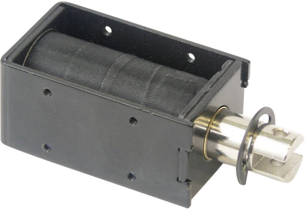 A black electromagnetic actuator with a metal coil and protruding piston; used for mechanical motion control.