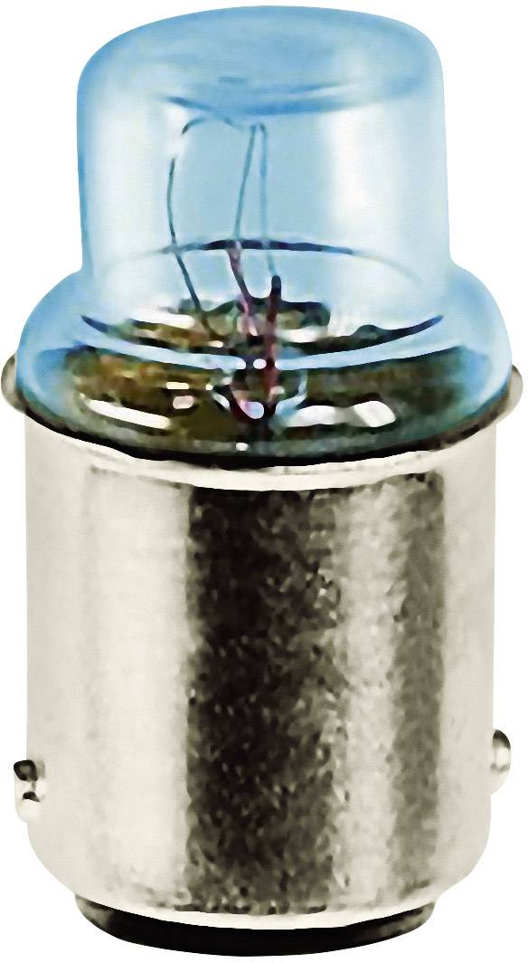 A close-up of a small, blue light bulb. The surface of the socket is metallic.