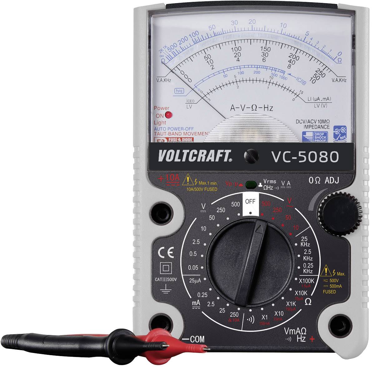 Analogue Multimeter Voltcraft VC-5080, displaying measurement values for voltage, current and resistance. Red and black test leads connected.