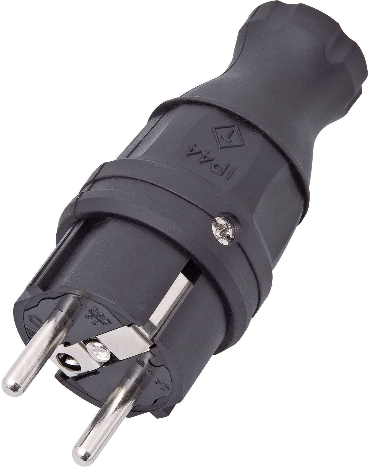 Black, European Schuko plug with two metal pins, suitable for electrical appliances in households.
