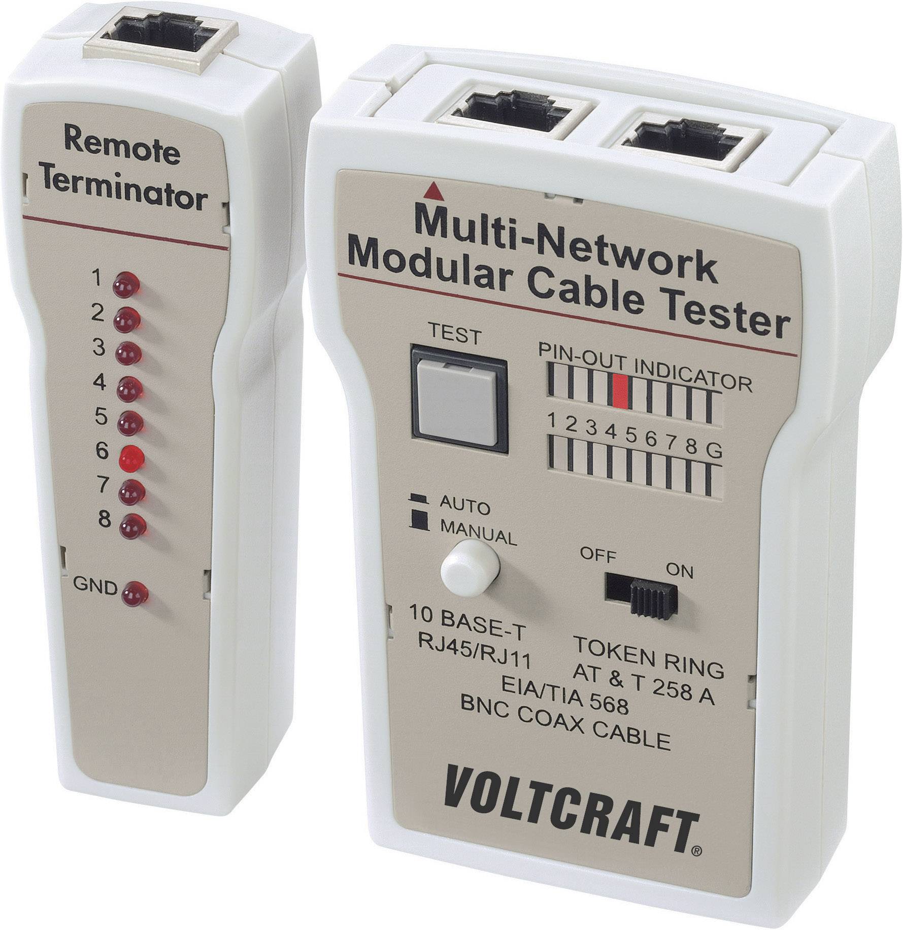 Two devices, a cable tester and a remote terminator. Labels: 'Remote Terminator', 'Multi-Network Modular Cable Tester', LED indicators.