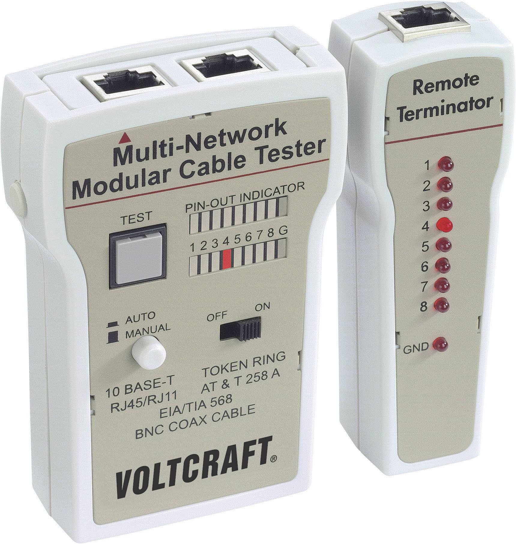 A multi-network cable tester with multiple connection options and LED indicators for cable diagnostics is shown.