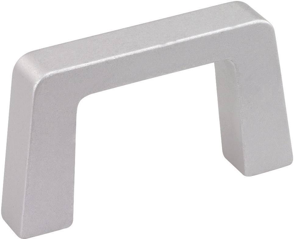 Silver, rectangular metal furniture handle, slightly curved, in perspective view.