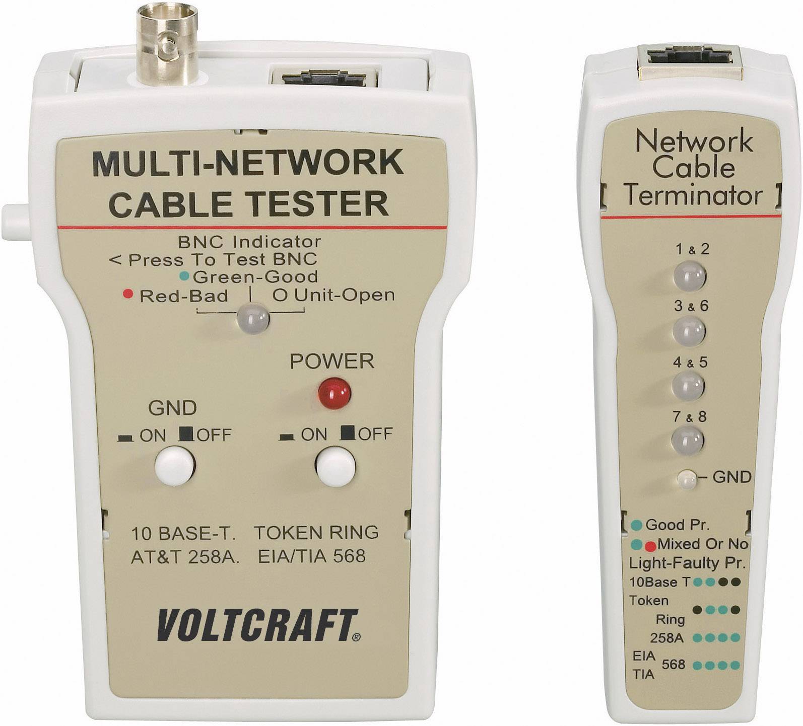 'MULTI-NETWORK CABLE TESTER': Device for checking network cables with BNC display and various test modes. Manufactured by 'VOLCRAFT'.