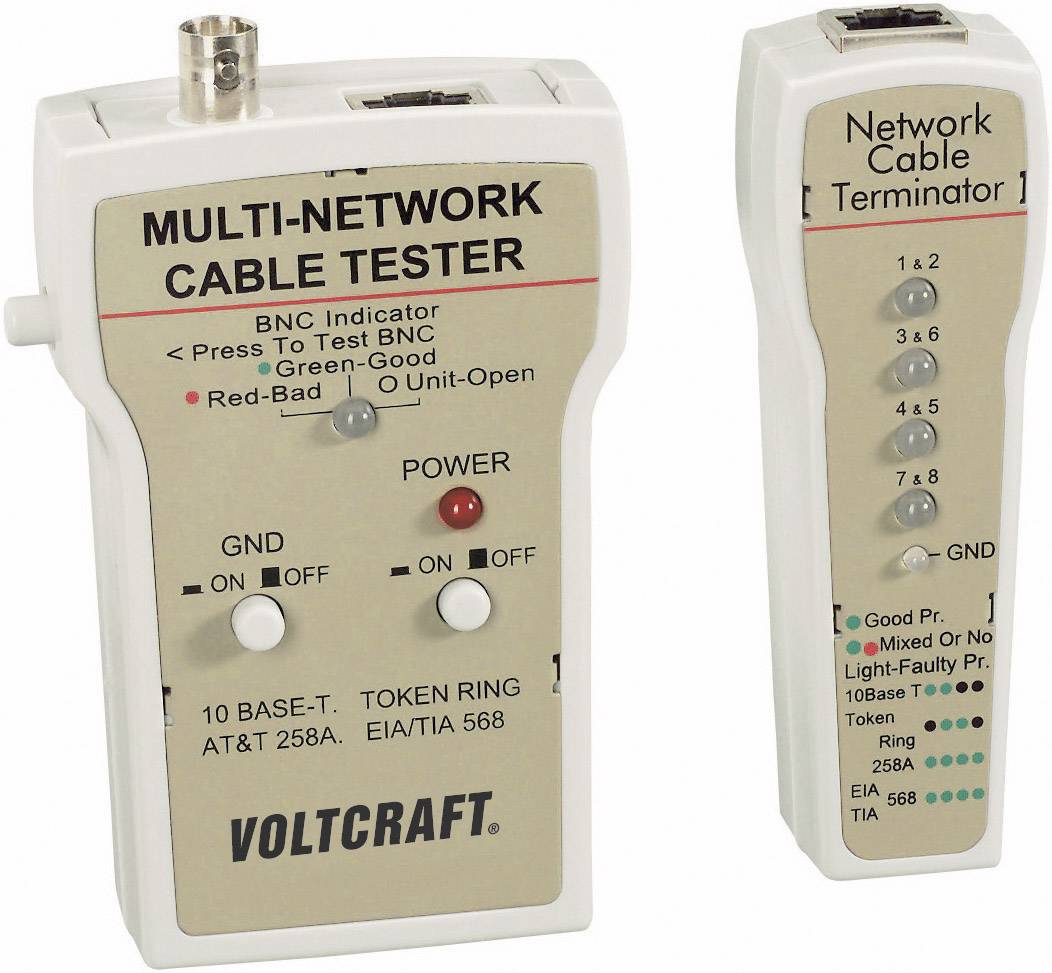 Network cable tester with main and terminator unit, displays status lights for BNC and RJ45. Testing options for 10BASE-T, Token Ring, AT&T, EIA/TIA 568.