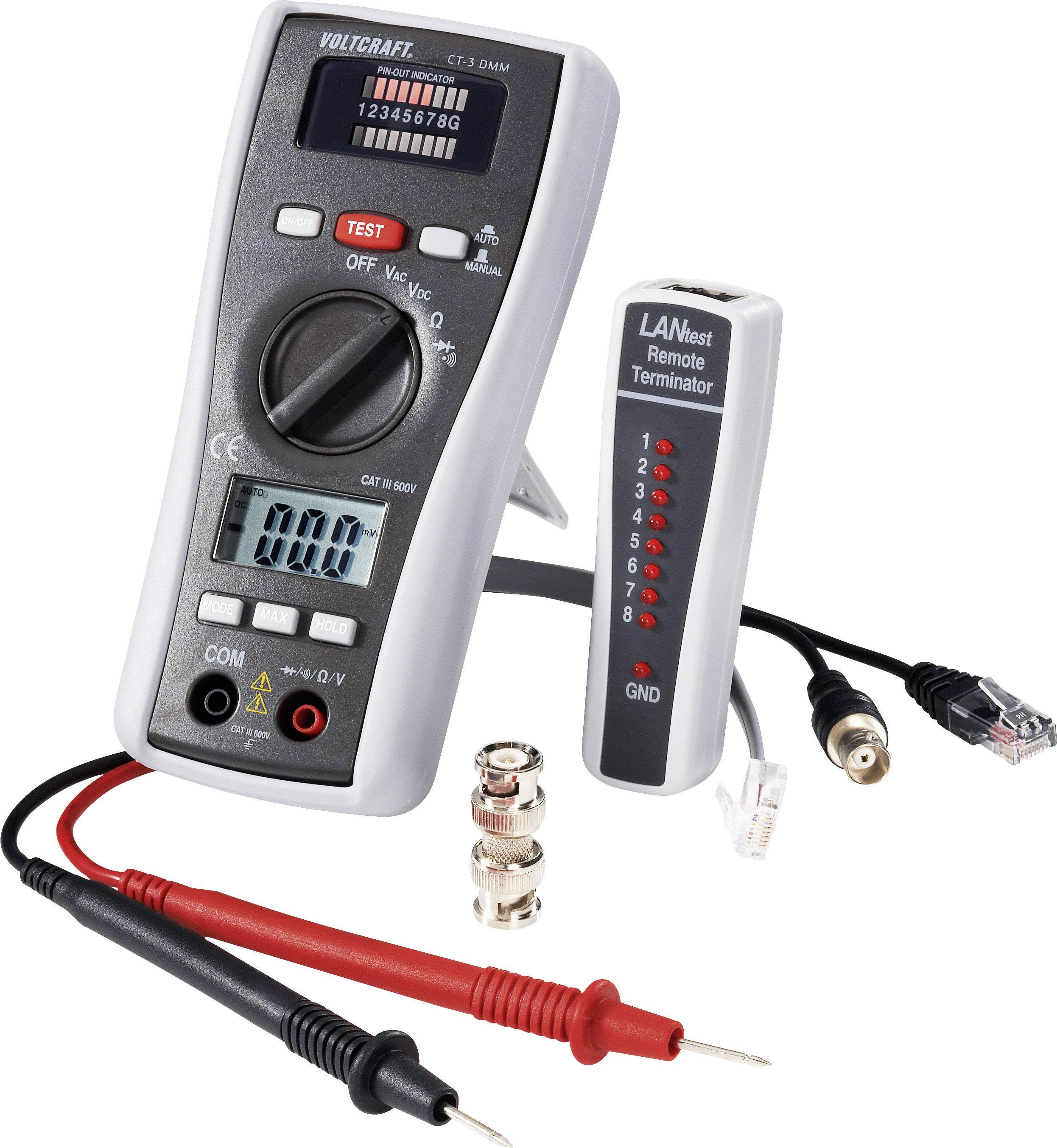 A LAN cable tester with LCD display, test button, cable connectors and test leads. For testing network connections.