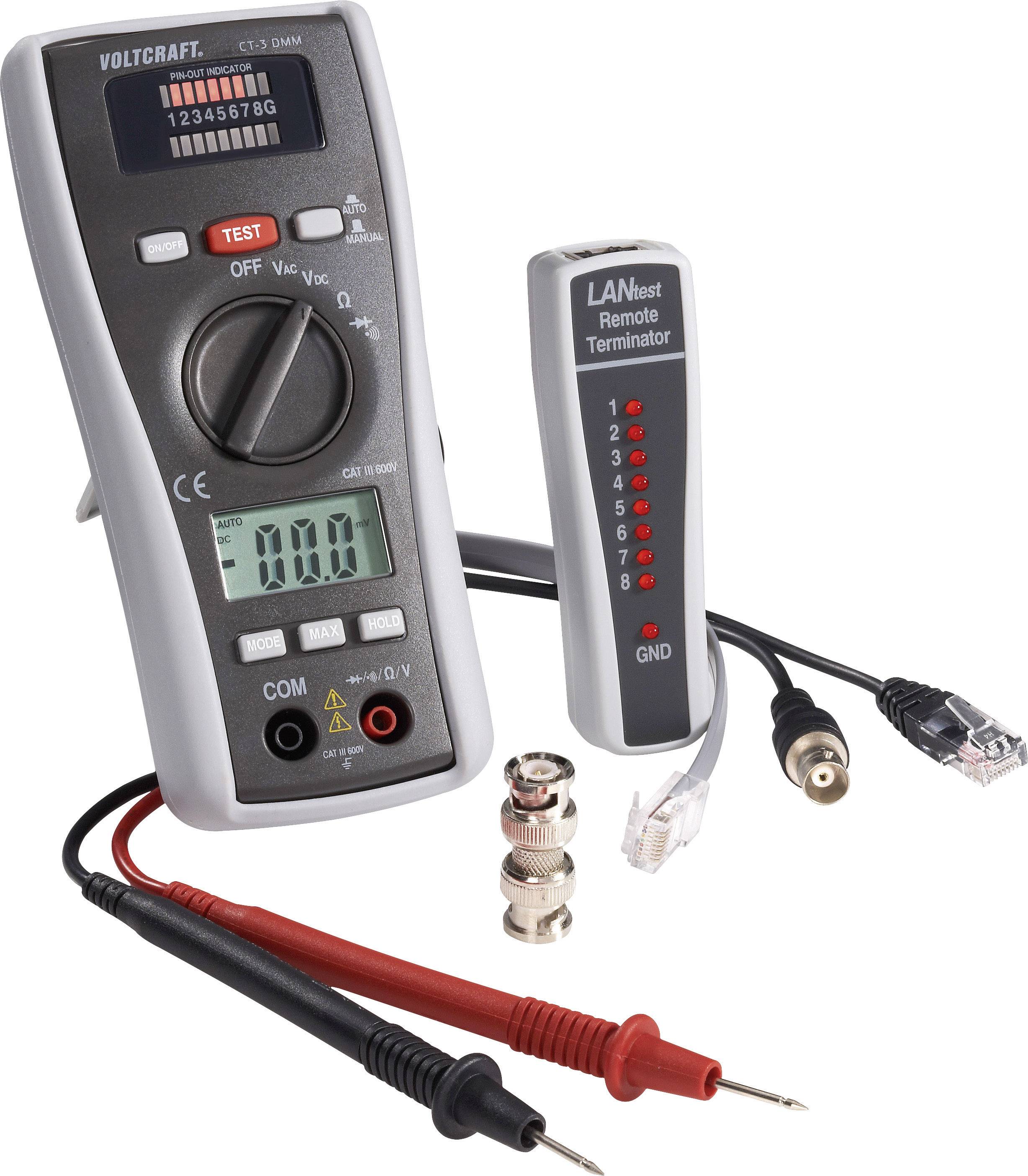 A multimeter and a LAN tester with cables and connectors for measuring electrical and network connections.