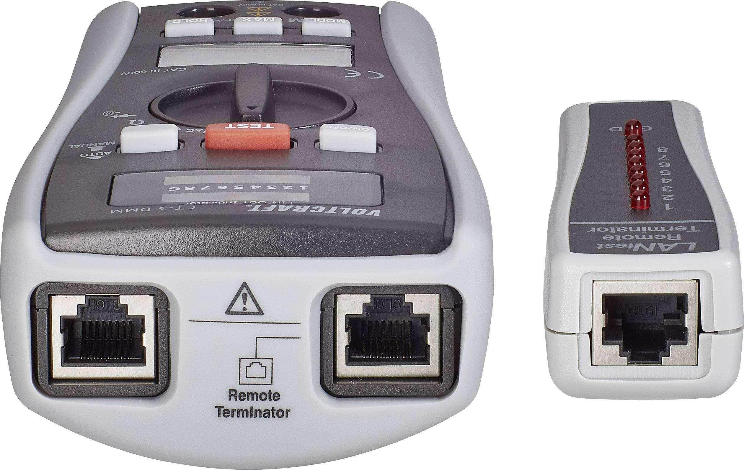 A cable tester with remote terminator, LED indicators at the top for status display, two Ethernet ports at the bottom for cable testing.