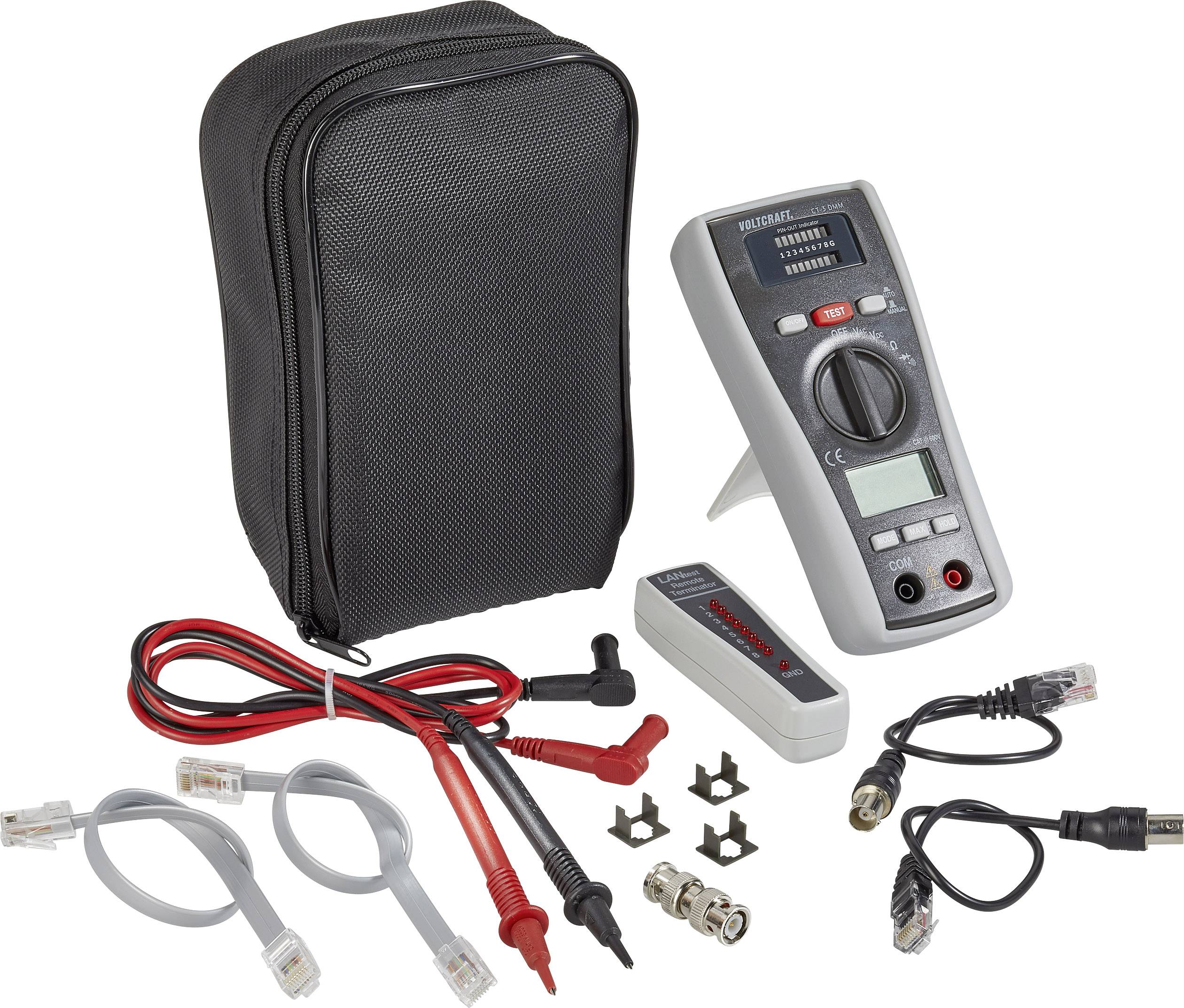 A digital multimeter set with a carry case, cables, clamps, and adapters. It is used for measuring electrical values.