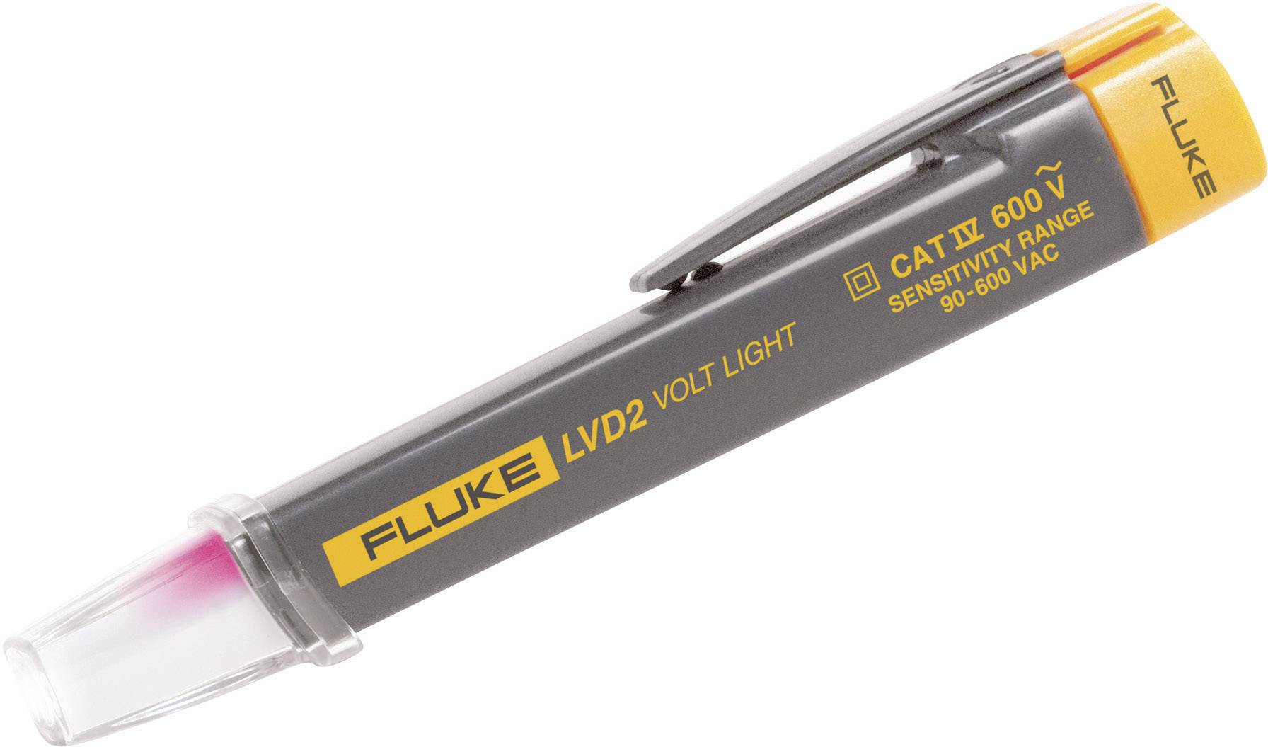 Electrical voltage tester with a yellow and grey casing, detecting voltages from 90-600 VAC. Marked with 'FLUKE LVD2 VOLT LIGHT'.