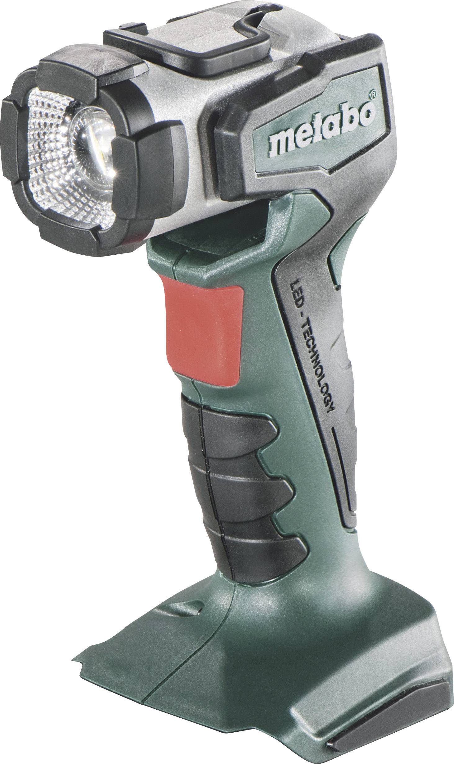 Portable, green battery-powered torch with a black handle and red button, 'metabo' brand logo on the front.