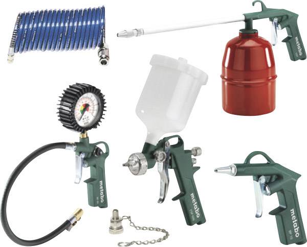 Air compressor accessory set, comprising a hose, pressure gauge, spray guns and containers, for compressed air production and cleaning.