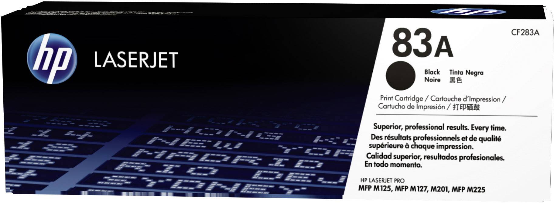 An HP LaserJet 83A Toner Cartridge Packaging, black, compatible with MFP M125, M127, M201, M225 printer models, for professional printing results.