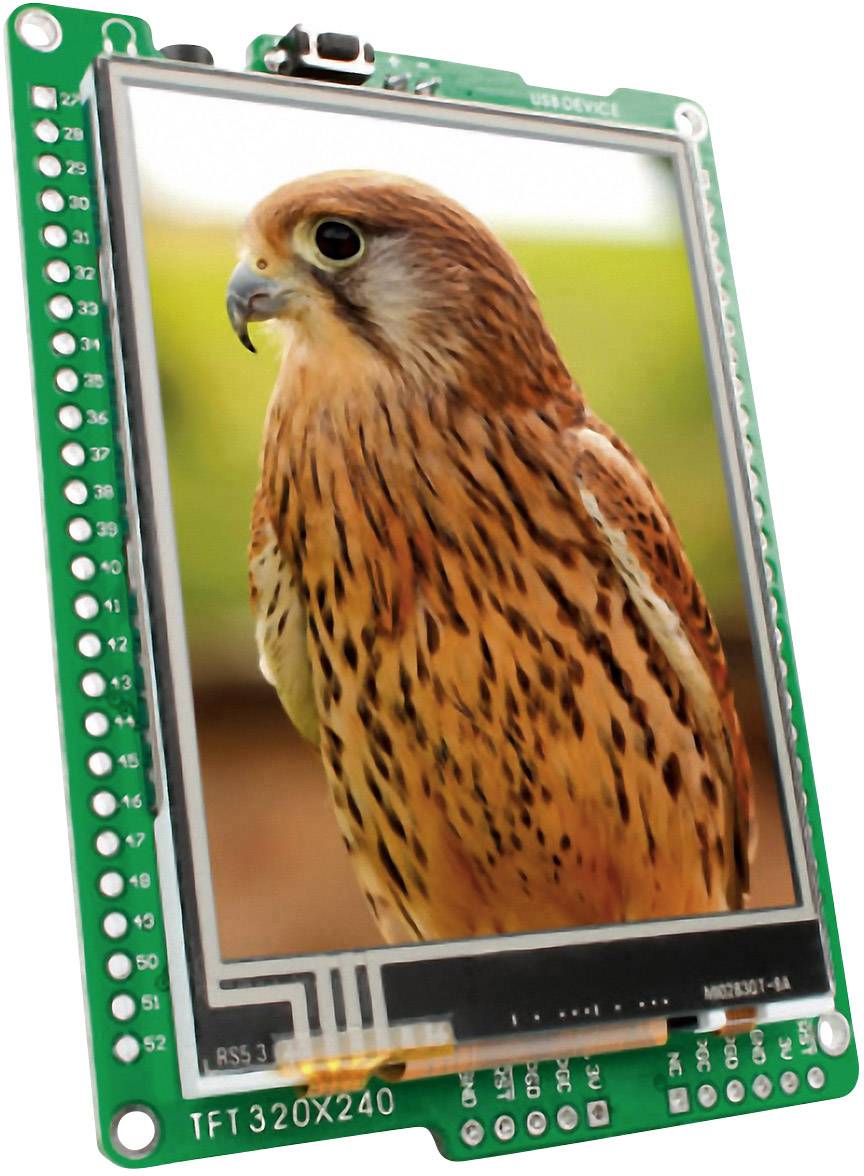 A microcontroller with a display shows the image of a hawk. The hawk is depicted in detail, with the background blurred.