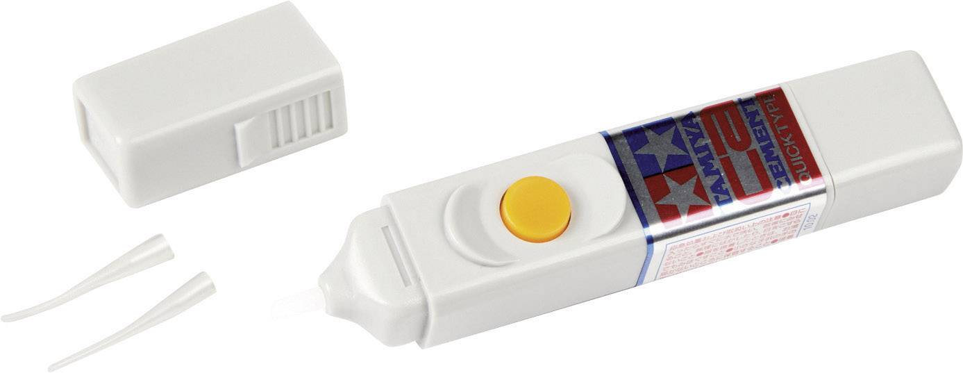 A white, rectangular glue stick with a yellow button, removable lid, and two fine applicator tips on a white background.