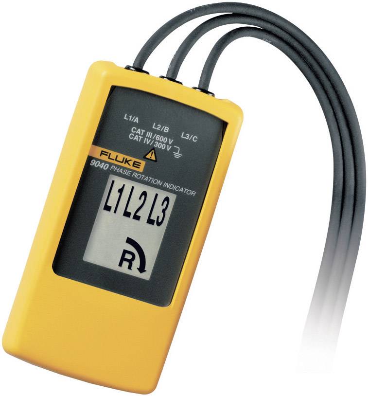 Phase testing device in a yellow housing with a black display, showing phase sequence 'L1 L2 L3' and directional arrow.
