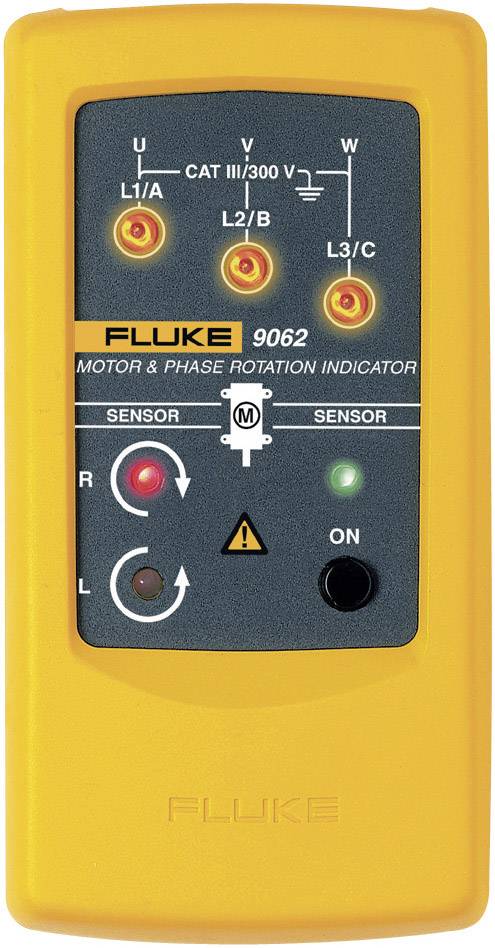 Yellow device for motor and phase direction indication with three light indicators and two buttons. Marking 'FLUKE 9062'.