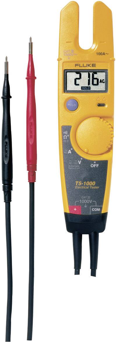 'Fluke T5-1000' voltage tester, yellow casing, with two pictured test leads in red and black for voltage measurement.