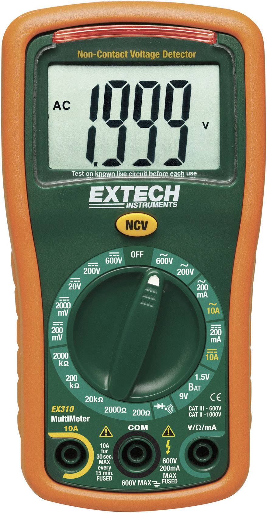 A digital multimeter is displaying a voltage of 1999 volts. It has a rotary selector switch for different measurement ranges and input terminals.