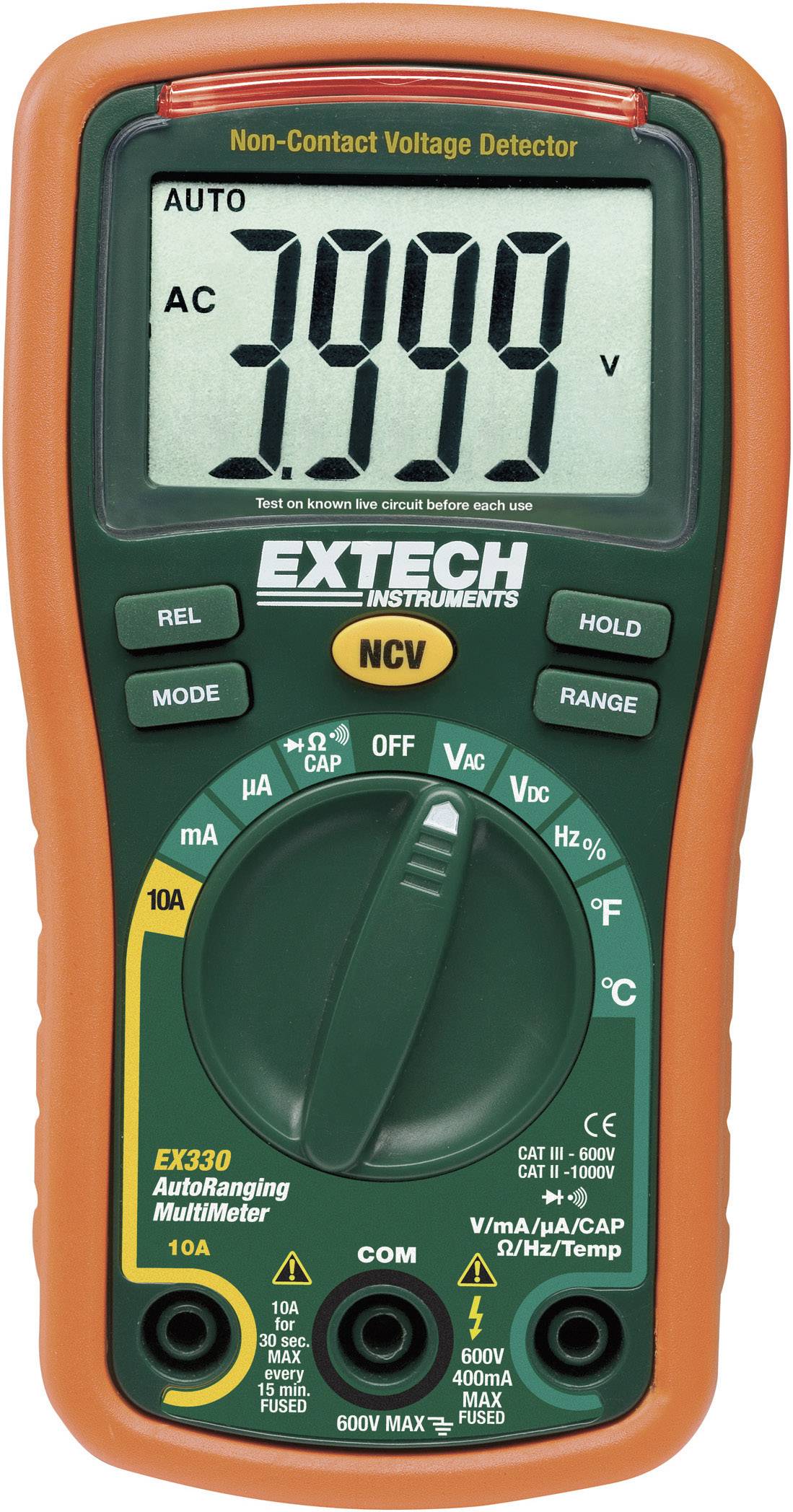 A multimeter shows '3999 V' on the display. It has rotary controls for various measurement functions. Brand: 'Extech'.