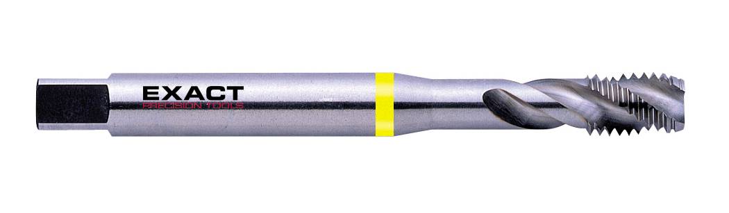 A tap with the inscription 'EXACT'. Twist drill with a yellow ring for metalworking.