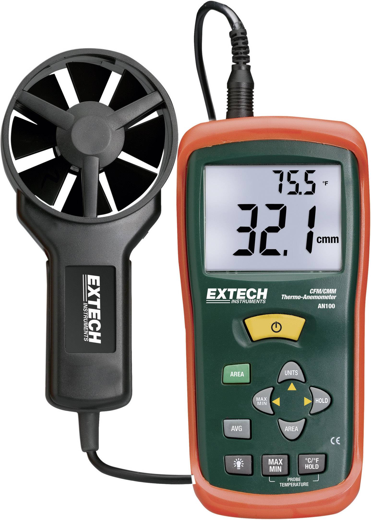Handheld device for measuring temperature and air velocity. Displays 75.5 degrees and 32.1 cm/sec. With display and control buttons.