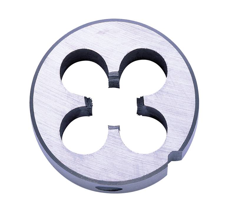 Round cutting tool with four symmetrical recesses for creating external threads in metal or plastic, top view.