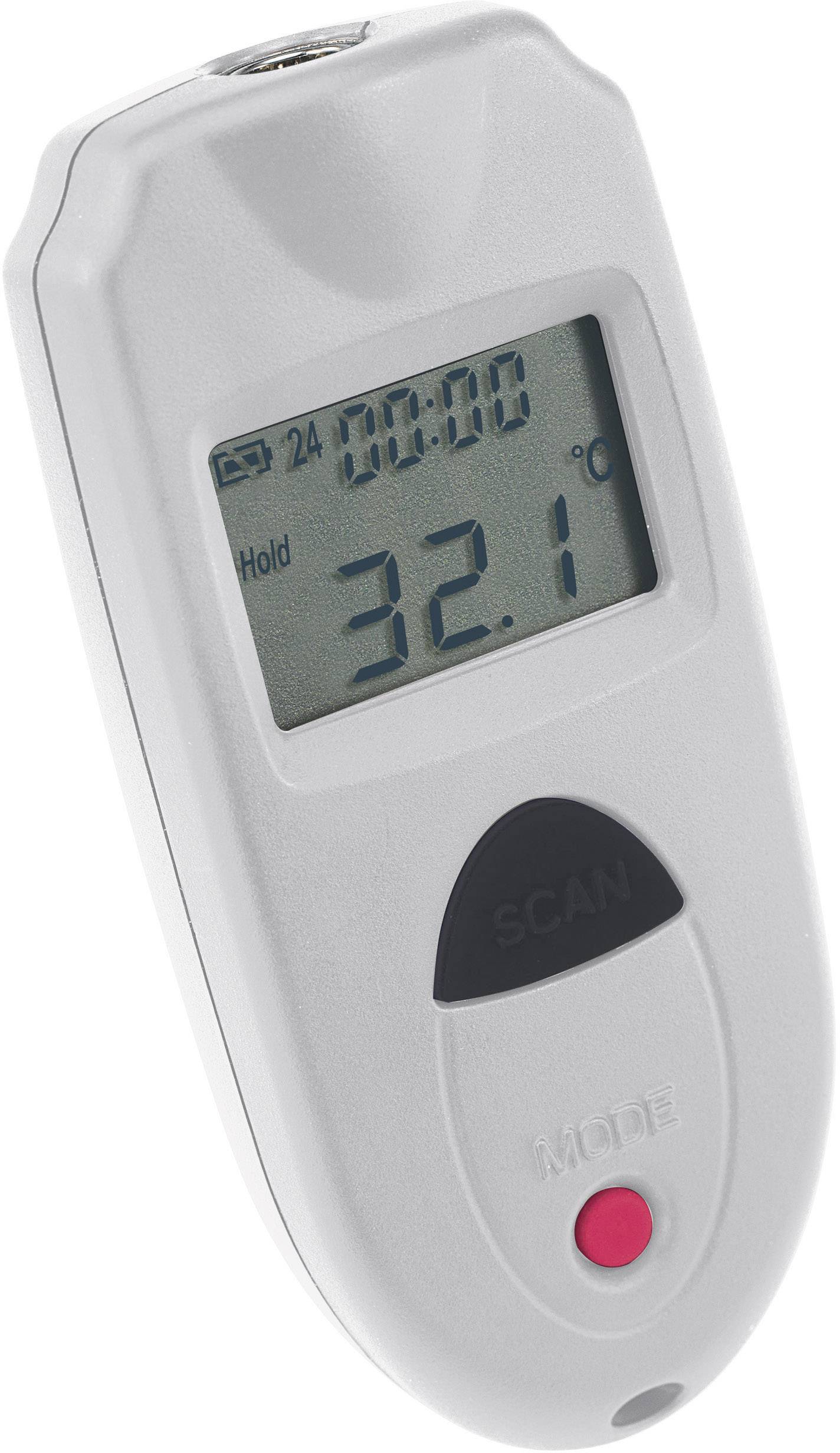 A digital thermometer displays a temperature of 32.1 °C on the screen. The device has buttons for 'Scan' and 'Mode'.
