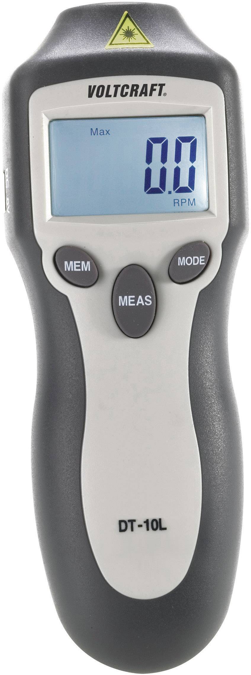 Handheld tachometer with LCD display, showing '0.0 RPM'. Brand name 'Voltcraft' and model 'DT-10L' visible.