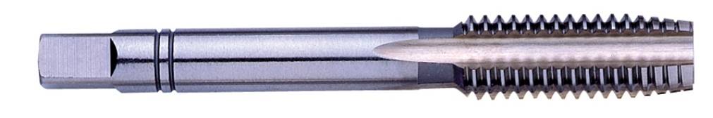 Metal cutting tool with a cylindrical shaft and thread at the front end, ready for thread cutting in holes.