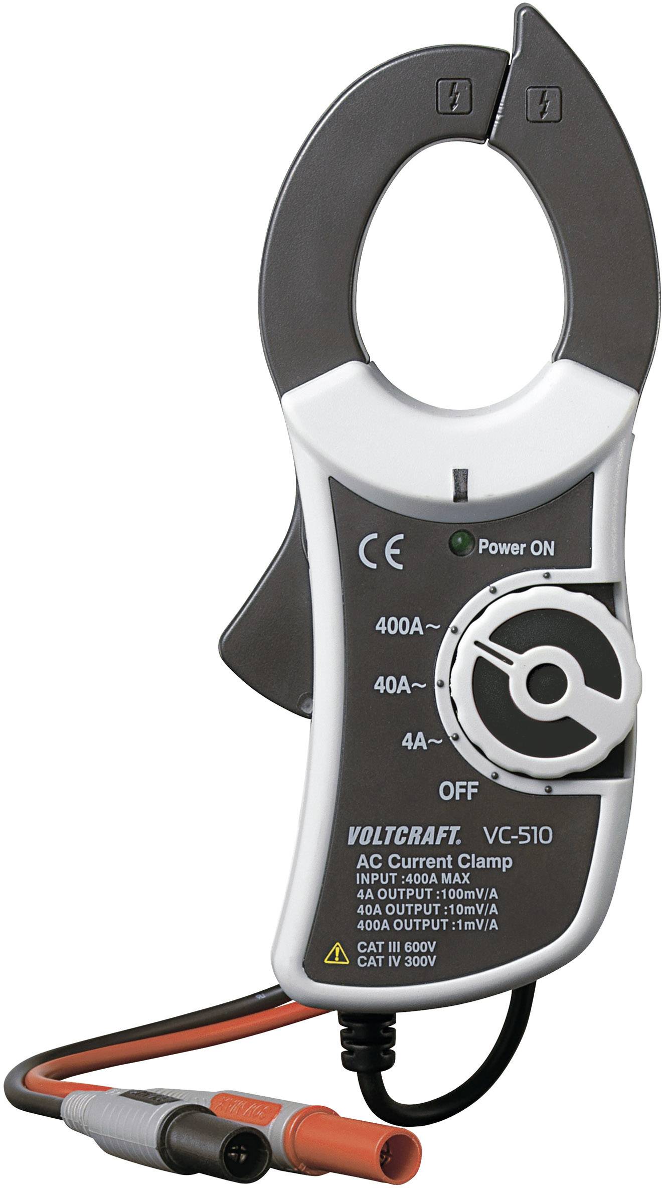 Current clamp for measuring alternating currents. Shown is the 'VOLTCRAFT VC-510' model with range selector switch and connection cables.