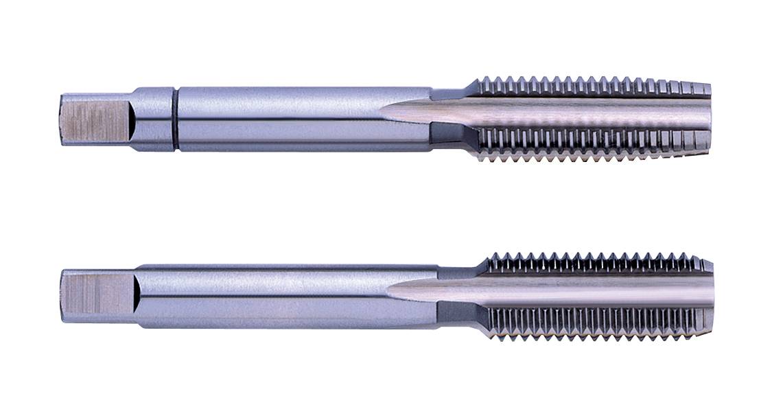 Two metallic tapping drills positioned side by side, horizontally aligned. Both have sharp cutting edges and cylindrical ends.