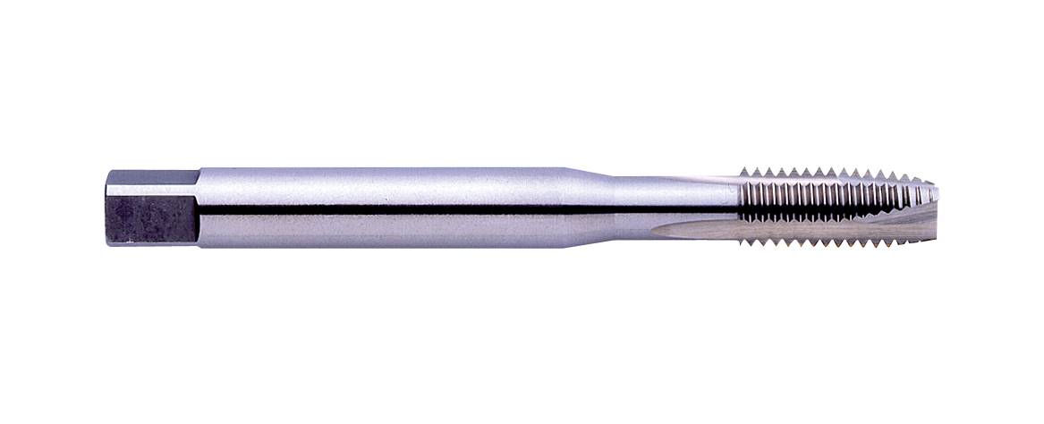 A metal cutting tool for threading. It has a cylindrical body with straight cutting edges and a ribbed tip.