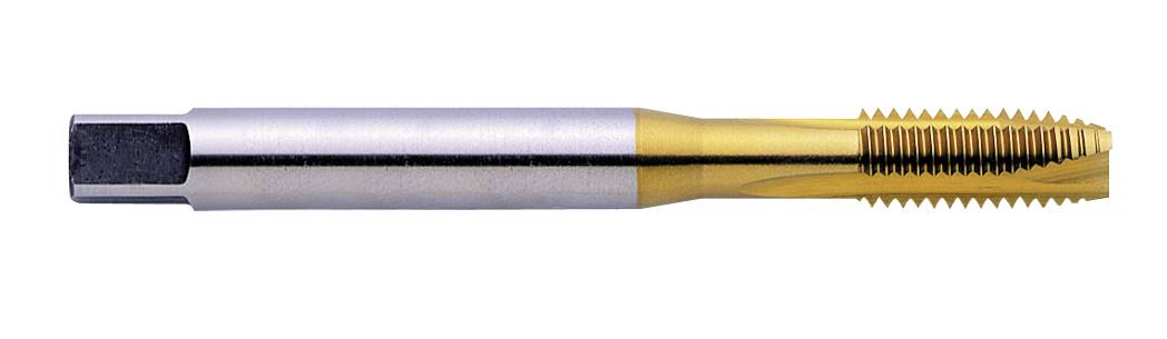 Metal cutting tool with a silver shaft and a gold, threaded tip, used for creating threads on metal surfaces.